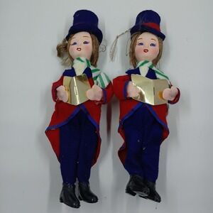 Vintage Japan Christmas Caroler Doll Ornaments Set Of 2 Felt Figures Holiday